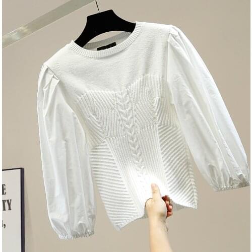 Retro Fold Splicing Sweater Women Puff Sleeve Slim-Fit Round Neck Knitted Sweaters 2020 New Female Short Jumper Lady Chic Top