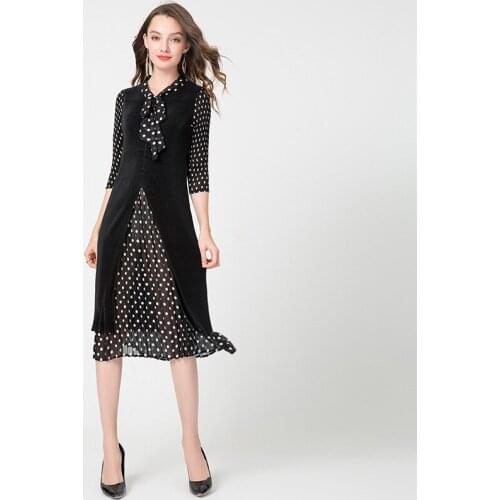 Plus Size Dress Midi Womens Autumn 2019 New Polka Dot Patchwork Miyake Pleated Bow Collar Three Quarter Sleeves Split Dress
