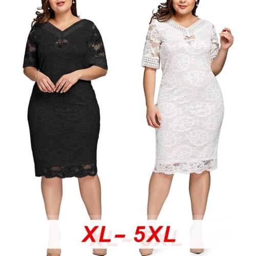 2020 Women Plus Size Sexy V-Neck Lace Short Sleeve Evening Party Dress Party Dress Robe Solid Elegant Womens Dress Black White