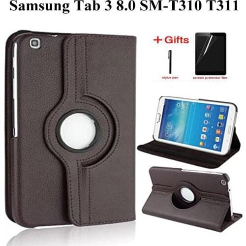 360 Degree Rotating PU Leather Flip Cover Case For Samsung Galaxy Tab 3 8.0 T310 Cover for Tab3 8.0 SM-T310/T311 Case+Film+Pen