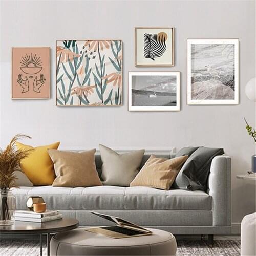 Abstract Sun Leaf Wall Art Poster And Print Hand Eyes Line Drawing Canvas Painting Beach Landscape Pictures Living Room Decor