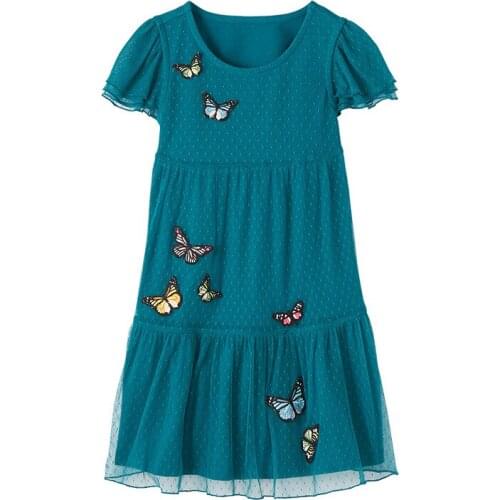 AOSTA BETTY Summer New Mesh Lace Butterfly Applique O-neck Short-sleeved Cotton Dark Green Girl 2-7 yrs Princess Knitted Dresses
