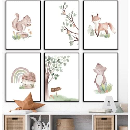 Boho Rainbow Bear Fox Squirrel Hedgehog Nordic Posters And Prints Wall Art Canvas Painting Wall Pictures Baby Kids Room Decor