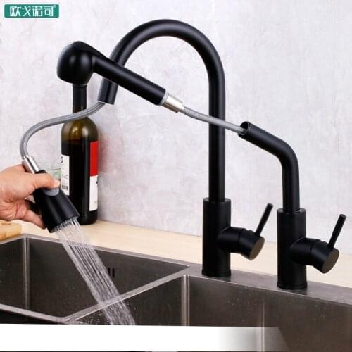 Black surface pull out sprayer shower head kitchen sink faucet 2-functions taps