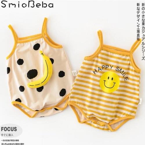 Newborn Boys And Girls Suspender Round Dot Banana Rompers Stripe Smiling Face Sling Cool Breathable Triangle Jumpsuits Climbing