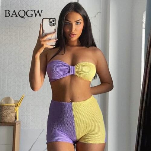 Color Block Two Piece Set Women Summer Rib Knitted Wrapped Bustier Top + Biker Shorts Matching Set Streetwear Sports Outfits