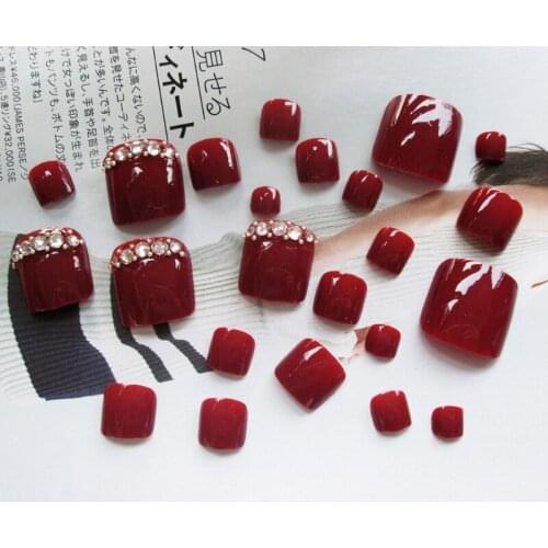 24Pcs Red Rhinestone Art Tips Full Cover False Toe Fake Nails Manicure Tools