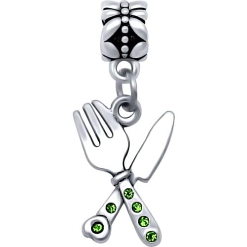 Fashion Crystal Cutlery Knife And Fork Charms Pendants Fit Pandora Bead Charm Bracelets DIY Jewelry Making For Women ,SPP191