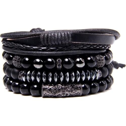 Fashion Men Bracelets Set Black Onyx Stone Faceted Hematite Beads Bracelet Homme Jewelry Handmade Adjustable Leather Bangle