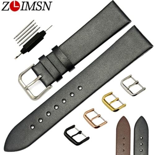ZLIMSN 18 20 22mm Soft Smooth Thin Genuine Leather Watchbands Brown Black Watch Strap Men Women Stainless Steel Buckle Polished
