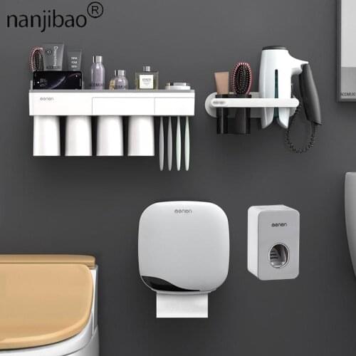 Nanjibao Bathroom Accessories Set Toothbrush Holder Toothpaste Dispenser Tissue Box Toilet Paper Holder Shelf Hair Dryer Holder