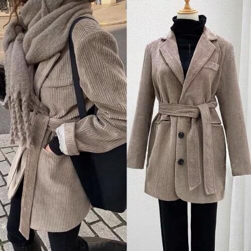 New Elegant Women Casual Corduroy Blazer Suit with Belt Sashes Jacket Autumn Spring Long Sleeve Notched Collar Coat