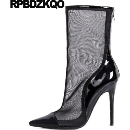 Shoes Pointed Toe Black Mesh Fashion Ankle High Heel Sandals Stiletto 2018 Designer Summer Brand Luxury Women Boots Mid Calf