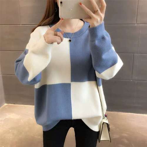 Autumn Winter Soft Warm Loose Patch Color Woolen Knitted Lazy Women Lady Pullover Sweater
