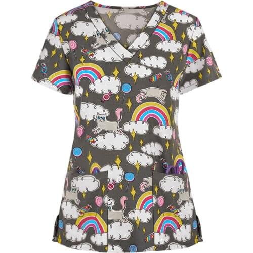 Rainbow Nurse Uniform Women Short Sleeve V-neck Tops Working Uniform Cartoon Print Nurse Accessories Uniforme Enfermera Mujer