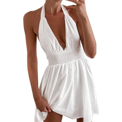 Sexy Backless Halter Dress Womens Summer Sleeveless Deep V-Neck Lace-Up Dress Ladies Party Club Slim Dresses Vestidos 2021 New