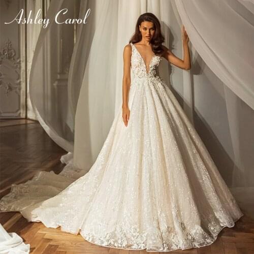 Ashley Carol A-Line Wedding Dress 2021 Delicate Beading V-Neck Lace Appliques Bride Backless Sleeveless Princess Bridal Gown