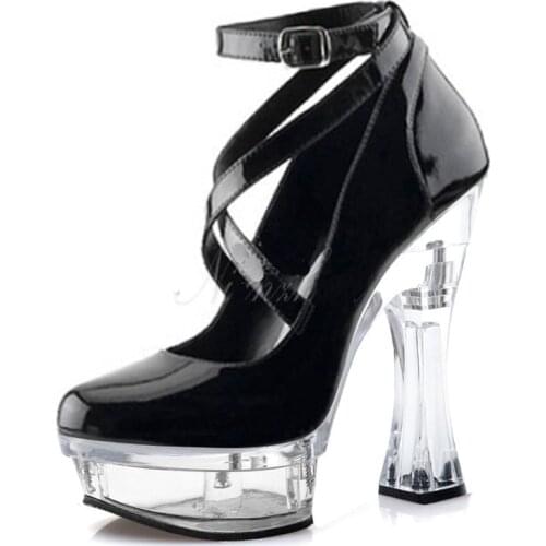 LAIJIANJINXIA 14cm Super High Stripper Heeled Pole Dance Shoes Crystal Buckle Strap Pumps Party Queen Platform Women Shoes