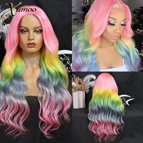 XUMOO Ombre Rainbow Colorful Body Wave Brazilian Human Hair Unprocessed 13x4 Lace Front Wig Customized Full Lace Wig For Cosplay