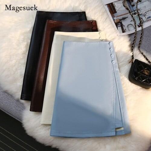 PU Leather All-match Solid Short Pencil Skirt Vintage Slim Button Split Zipper Skirt 2021 High Waist A-line Hip-wrap Skirt 17110
