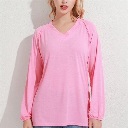 Women Autumn Winter Fashion Casual V-neck Tops Long Sleeved T-shirts Ladies Solid Color Blouses Plus Size Loose Cotton Shirts