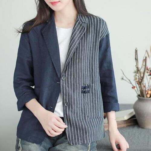 All-Matched Casual Short Coat Autumn New Arts Style Women Long Sleeve Stripe Patchwork Cotton Linen Button Vintage Jackets