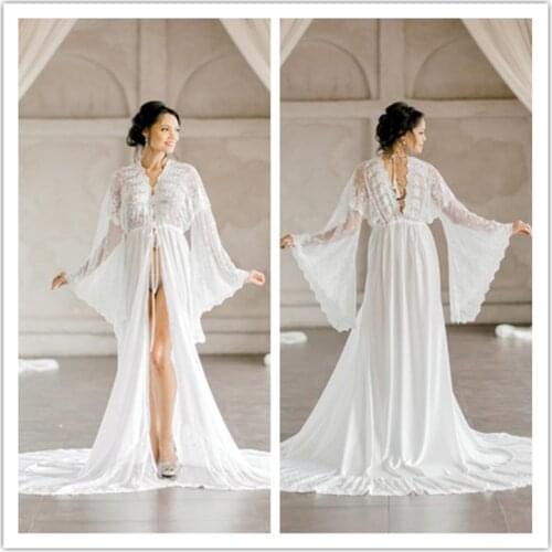 Deep V Neck Lace Women Sleepwear Nightgown Long Train Party Bathrobes Pajamas Robes Bride Bath Robes Women Pajama