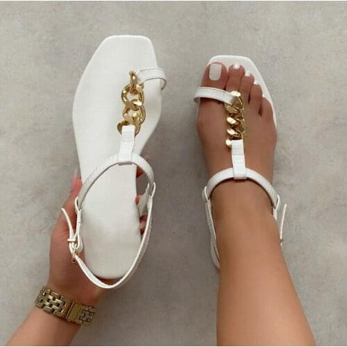 Women Chain Thong Sandals 2021 Summer Woman Casaul Buckle Flats Female Beach Shoes Plus Size 41 Ladies Comfortable Footwear