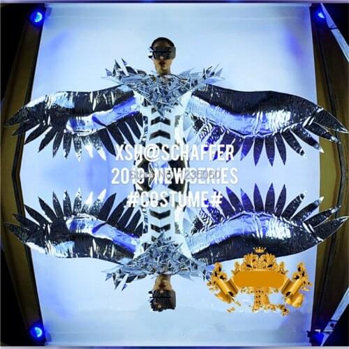 Stage Performance Women Silver Mirror Clothes Dance Team Suit With Wings Christmas Halloween Ballroom Cosplay Costumes