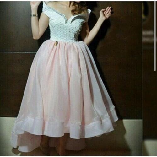 Robe de soiree 2018 Fashion Two Colors Beaded Pearls Top Bodice Organza Short Front Long Back Saudi Arabia bridesmaid dresses