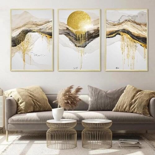 Golden Art Classical Luxury Canvas Painting Home Decor Wall Art Abstract Line Landscape Poster And Print For Living Room Design