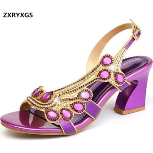 ZXRYXGS Brand Shoes Woman Fashion Sandals Genuine Leather Shoes High Heel Sandals 2019 New Summer Rhinestone Shoes Women Sandals