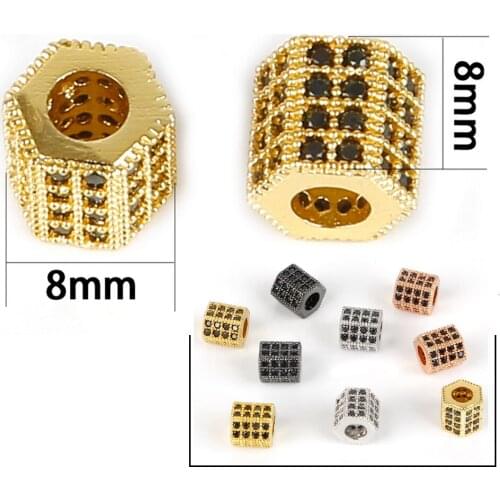 TOP Grade 2PCS Fashion Rose Gold Hexahedral Geometric Column Black Zircon DIY CZ Spacer Beads For Men Bracelet Jewelry Findings