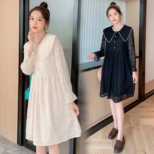 2089# Maternity Dress Spring Autumn Long Sleeve Lace Patchwork Loose Stylish Dress for Pregnant Women Mom Dress