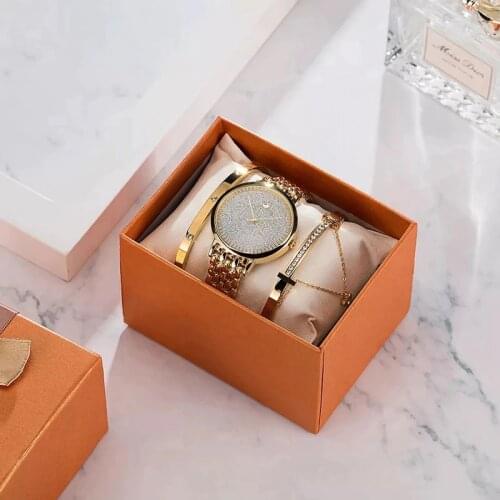 3 Pcs Femme Watch Women Luxury Lady Temperament Watches Bracelet Set with Diamond Chain Wristwatch Clock Gifts Relogio Feminino