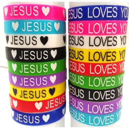 50pcs JESUS silicone Bracelets JESUS LOVES YOU rubber Wristbands Men Women Religious Cuff Children Jesus Jewelry Wholesale