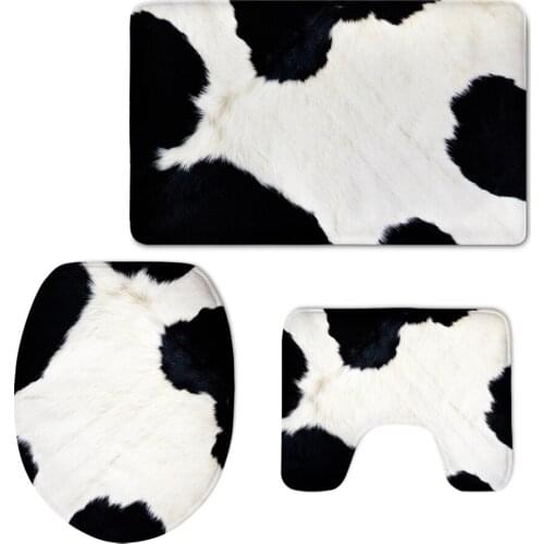 Black and White Cow Prints 3 Piece Bathroom Accessorries Contour Mat Lid Toilet Seat Cover Soft Comfort Bath Non-slip Carpets