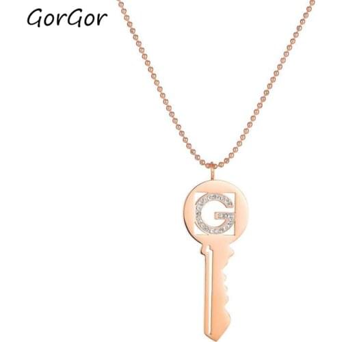 GorGor Necklace Women Stainless Steel Rose Gold Plated Key Cubic Zirconia Pendant Individuality Temperament Jewelry TX-1753