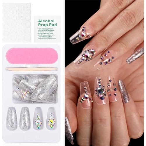 Crystal Designed False Nail Rhinestone luxury coffin AB Rhinestone holographi Decorative Silver Artificial Nails