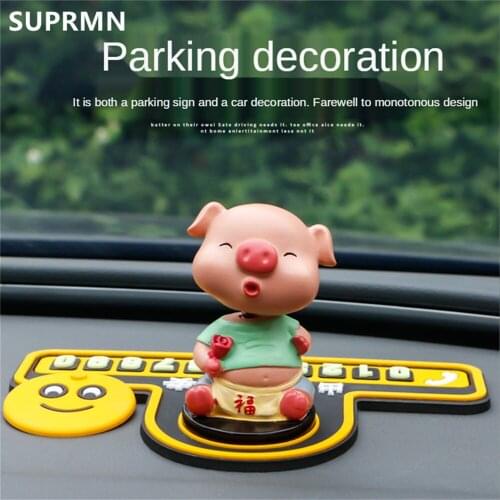 SUPRMN Little Pig Cartoon Shaking His Head Doll Parking Card Temporary Moving Car Decorations Moving Car Parking Number Card