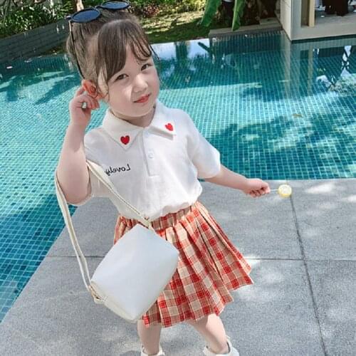 Baby Girl Summer Cotton Clothing Set Love Embroidery POLO Shirts+plaid Skirts Kids Fashion Princess Suits Child Clothes 2-8age