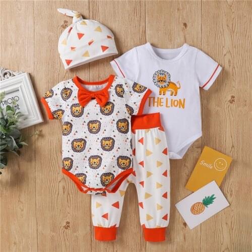 4Pcs Newborn Baby Boys Color Block Clothes Sets,Baby Lion Pattern Short Sleeve O-Neck Rompers+Triangle Print Pants+Knotted Hat