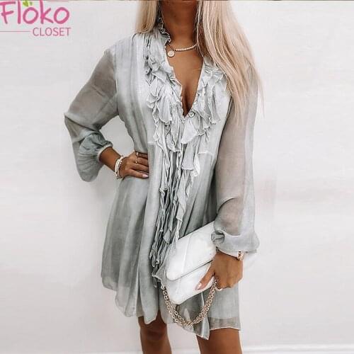 Flokocloset Summer Loose Print V-Neck Long Sleeve Chiffon Mini Dresses Fashion Elegant Party Evening Ruffles A-LINE Dress