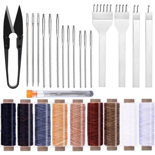 LMDZ Leather Craft Tools Kit Hand Sewing Waxed Threads Large Eye Stitching Needle Punch Carving Work Saddle Leathercraft Tools