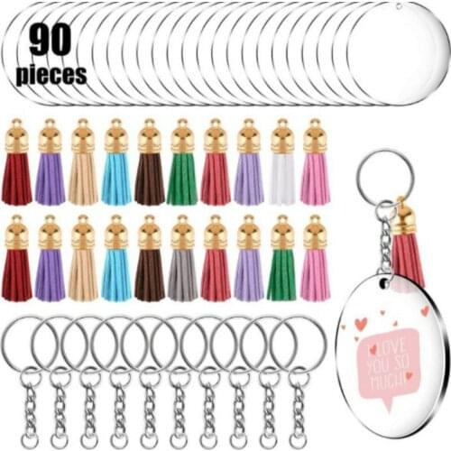 Fashion 90pcs Acrylic Transparent Circle Discs Clear Acrylic Keychain Blanks Tassel Pendant Keyring Set for DIY Project Crafts