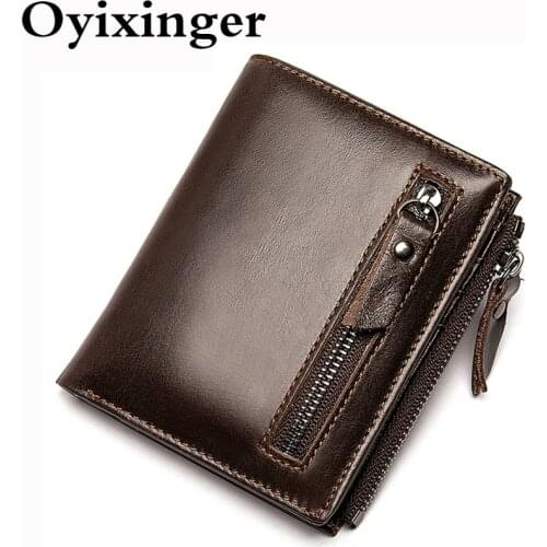 OYIXINGER Mens Wallet Genuine Leather Wallets For Men Short Slim Credit Card Holder Casual Zipper Coin Purse For Male Business