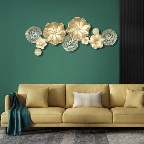 Nordic Luxury Wrought Iron Gold Lotus Leaf Wall Sticker Home Background Wall Mural Crafts Hotel Lobby Wall Hanging Decoration