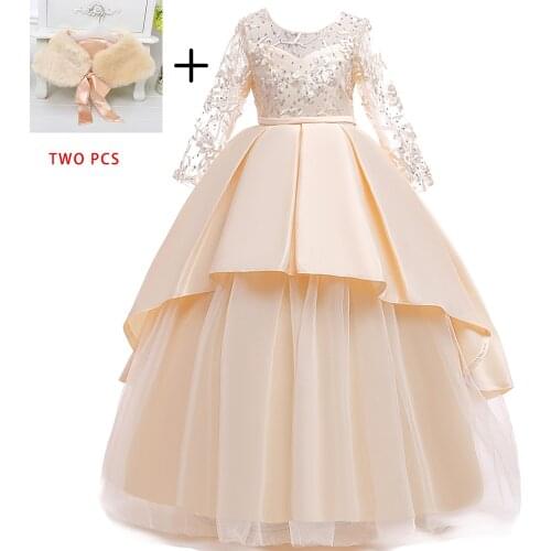 Autumn Winter Shawl Lace Drilling Stitching Long Sleeve Girls Dress Evening Tutu Princess Dress Girl Formal Party Dresses LP-233