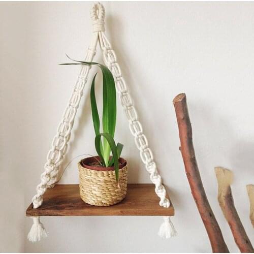 Wall Storage Shelf Woven Cotton Swing Rope Wooden Plate Living Room Bedroom Bathroom Wall Rack