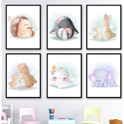 Bear Elephant Rabbit Penguin Hedgehog Seal Baby Wall Art Canvas Painting Nordic Posters And Prints Wall Pictures Kids Room Decor